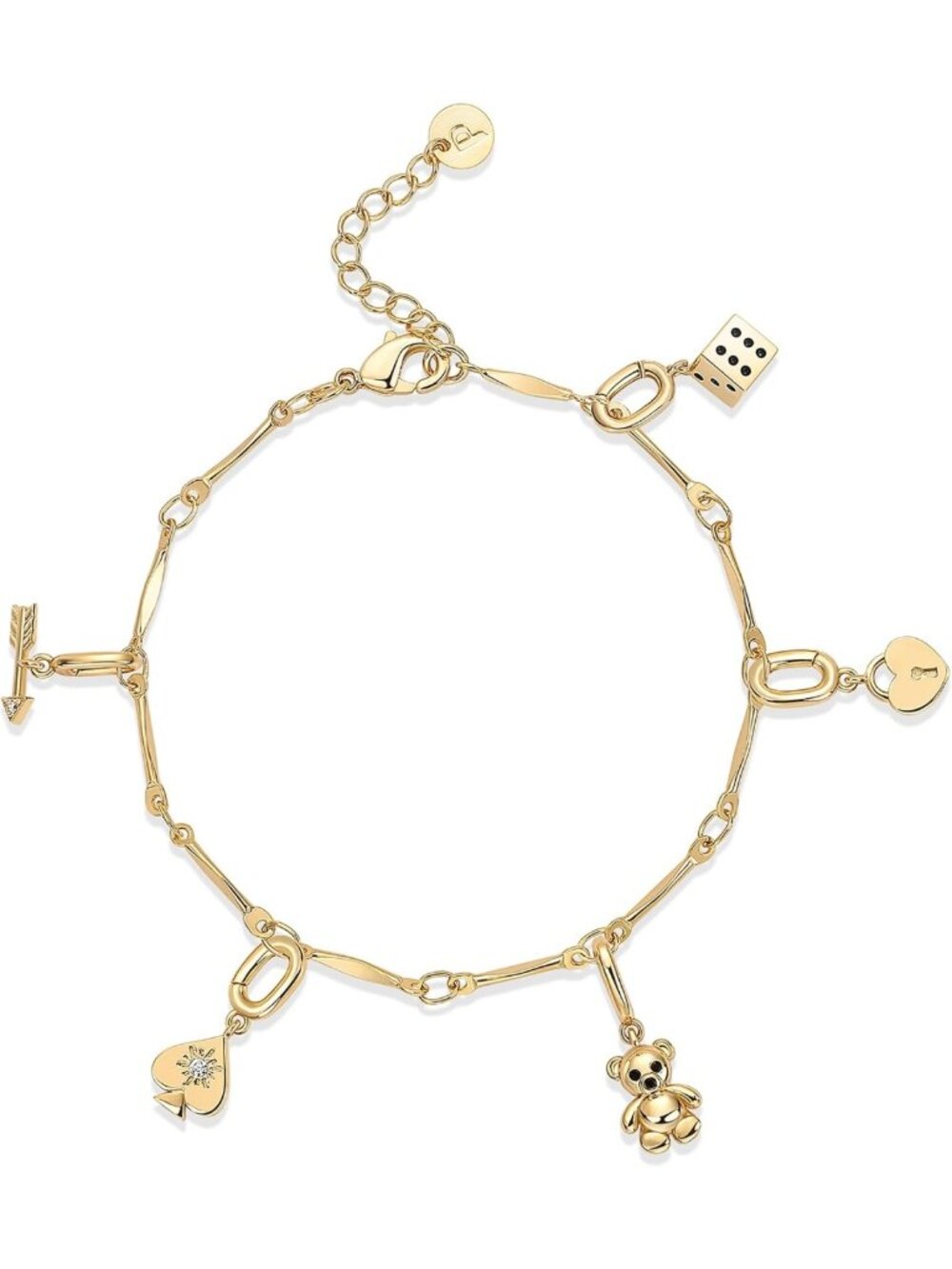 14K Gold Plated Adjustable Charm Bracelet for Women | Twisted Bar, Moon, Evil